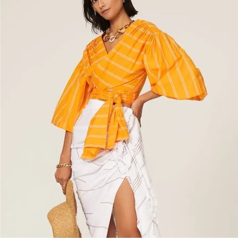 Acler Wyatt Crop Wrap Blouse Top Orange White Pinstripe Balloon Puffy Sleeve